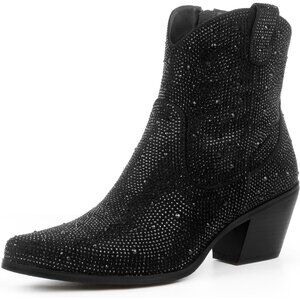 Mismiller Women Black Rhinestone Sparkly Block Heel Pointed Toe Pull On Boots